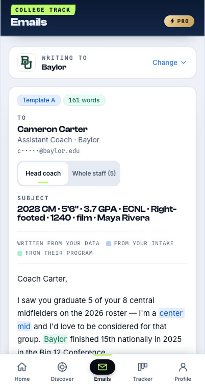 A drafted email to a college coach on a phone, written from the player's data and the program's